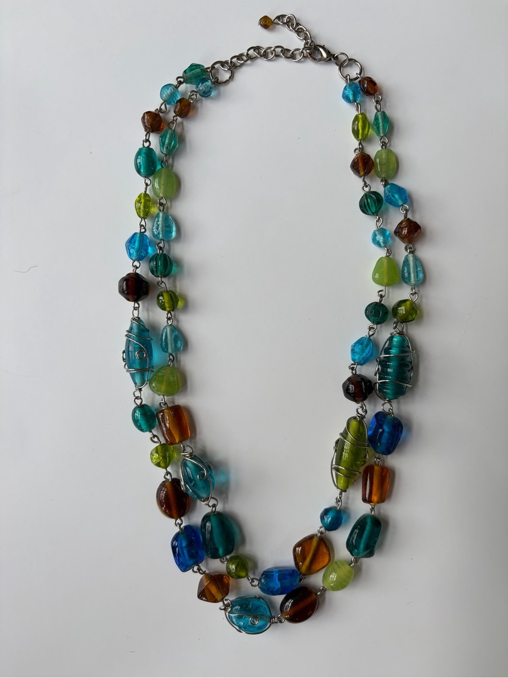 Multicolor Glass Bead Double-Strand Necklace - Teal, Blue & Amber